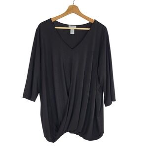 Catherines Black Faux Wrap V Neck Top 2X 22/24W 3/4 Sleeve Dressy Minimalist